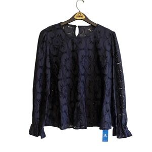 Cupshe Up Womens XXL Blue Lace Floral Sheer Long Sleeve Swim Beach Top